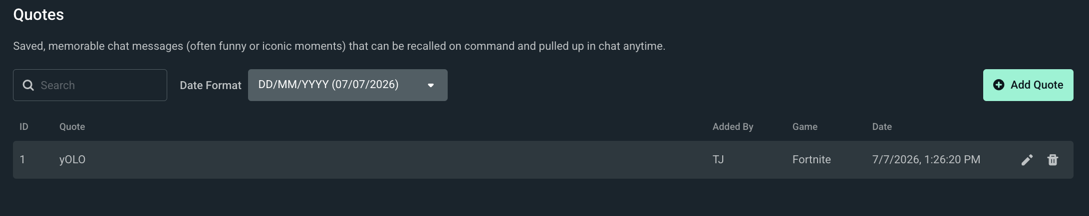 List showing a quote that was added in Cloudbot Quote settings